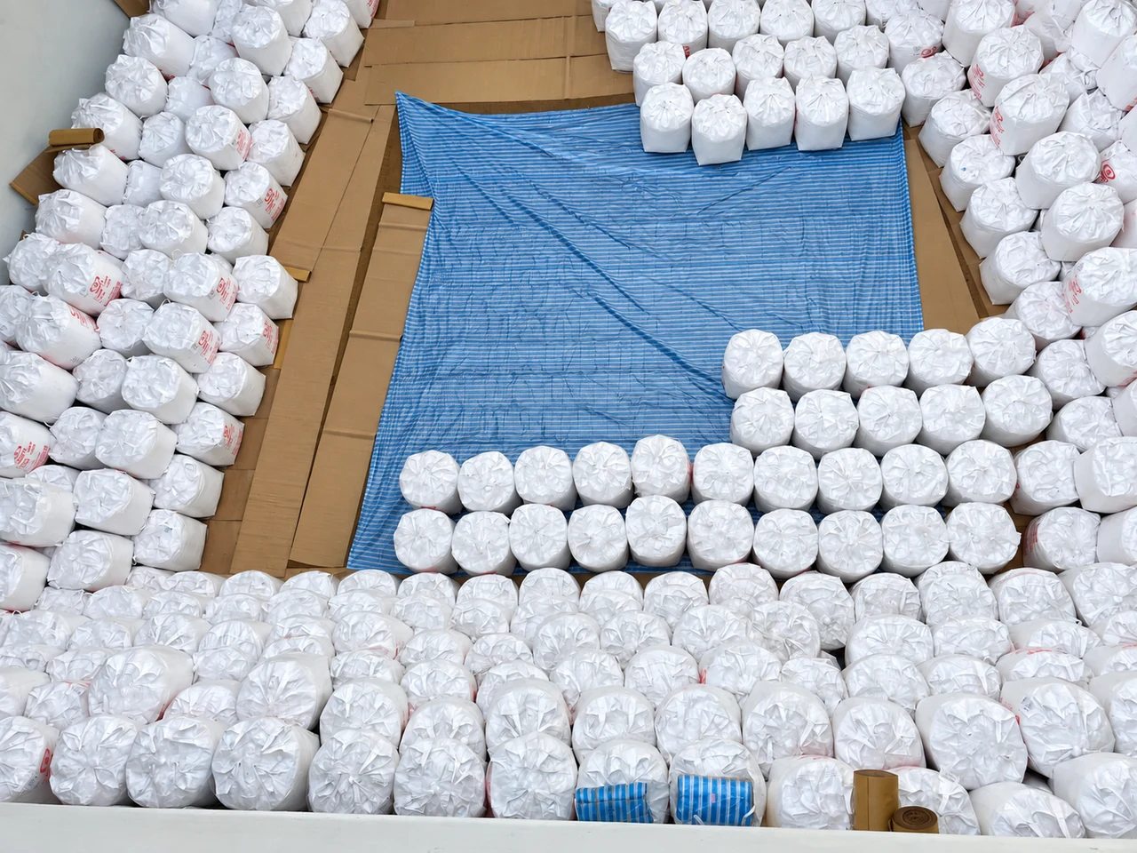 Bagged cargo positioned around a sheeted section of the hold.