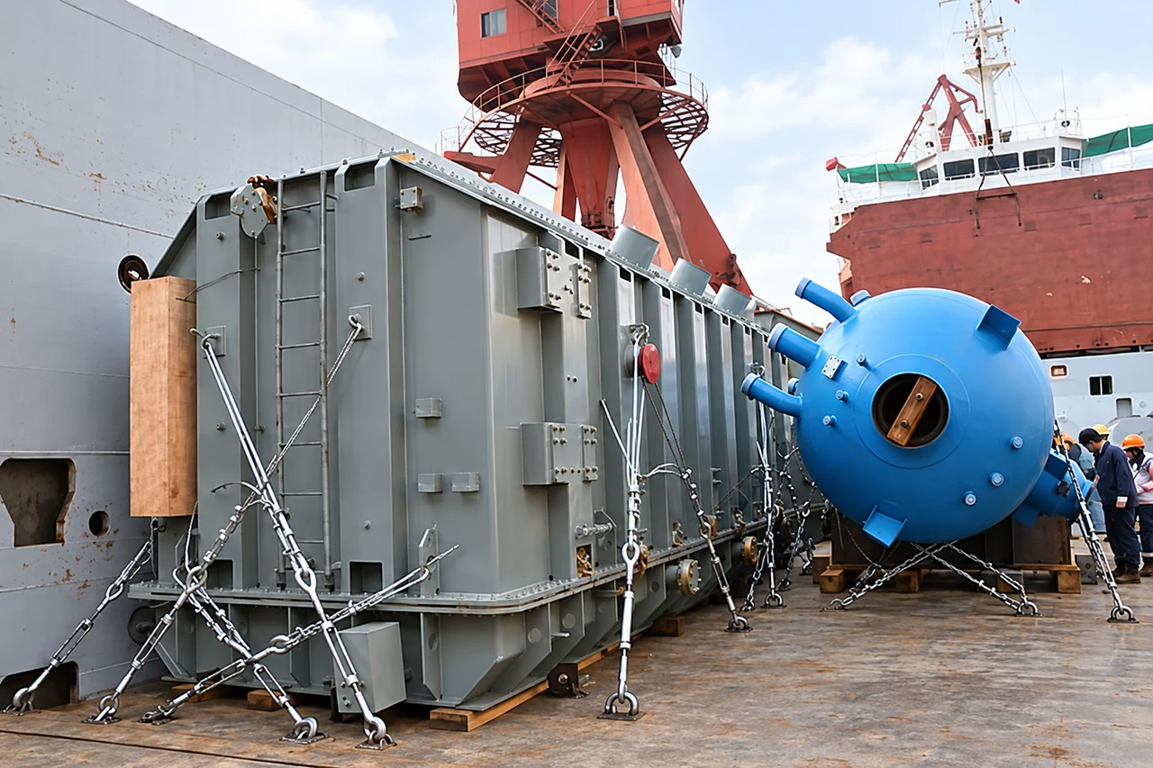 Industrial equipment positioned in hold with lashings and supports for the sea voyage.