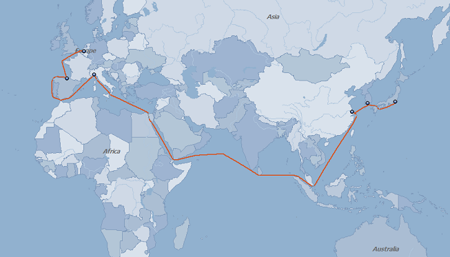 Asia — Europe route overview map supplied by BPI
