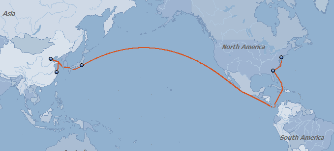 Asia — US East Coast route overview map supplied by BPI