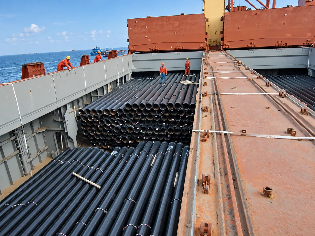 Pipes stacked in the vessel’s hold for shipment.
