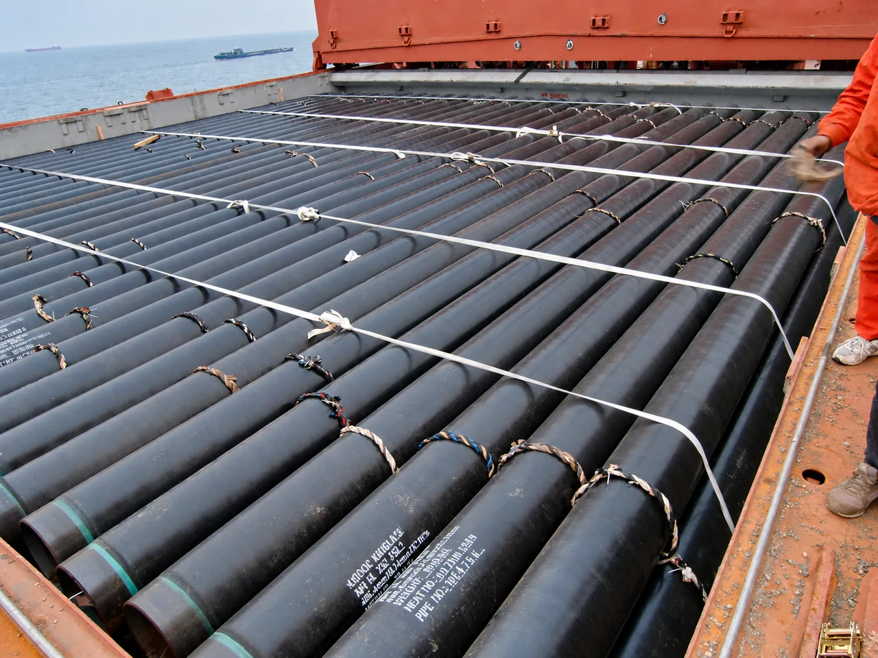 Lashings across the pipe cargo help keep the stow in position.